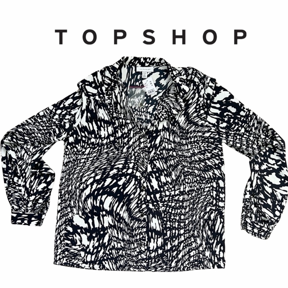 ✨NWT✨ Topshop Blouse Long Sleeve Black White Button Down Size 6